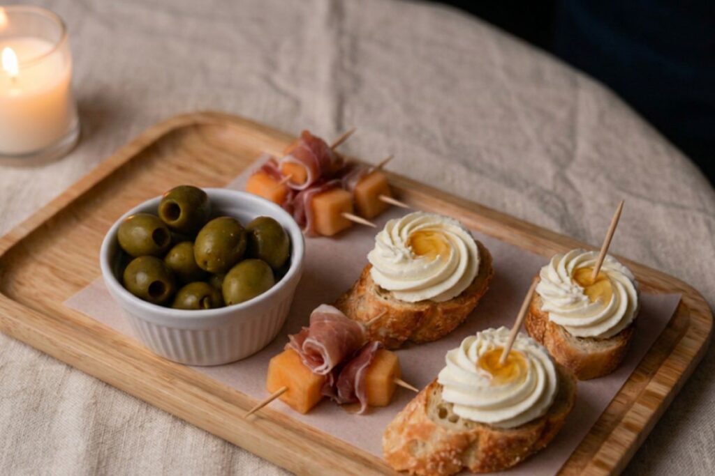 Snack board with olives, melon & prosciutto, and crostini with ricotta and honey