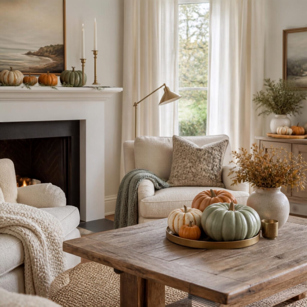 cozy coastal living room with warm neutrals, textured throws, and cream, light orange, and gray/green pumpkins
