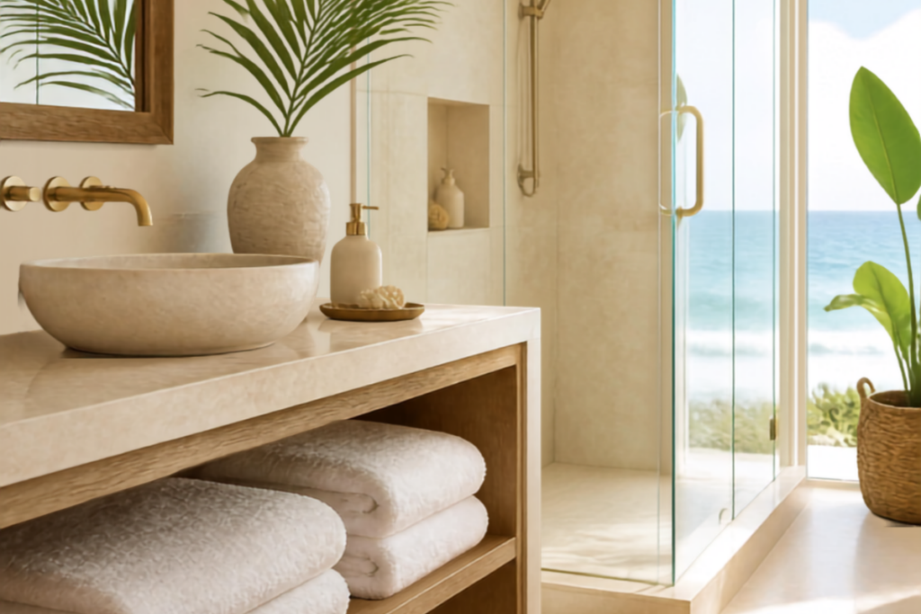 luxury coastal bathroom with light wood and neutral colors