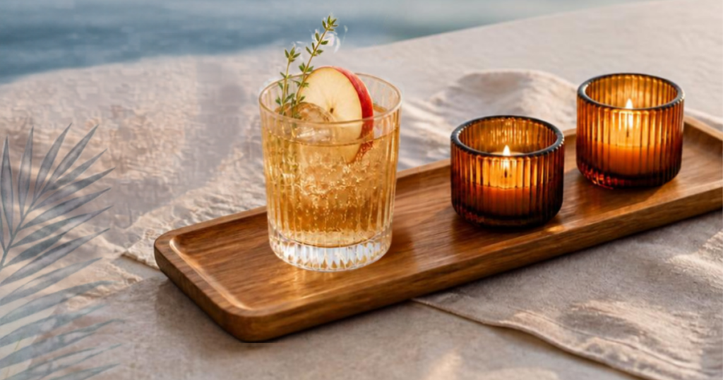 Apple cider spritz in a clear ribbed glass with amber colored ribbed candles on a rectangle acacia tray