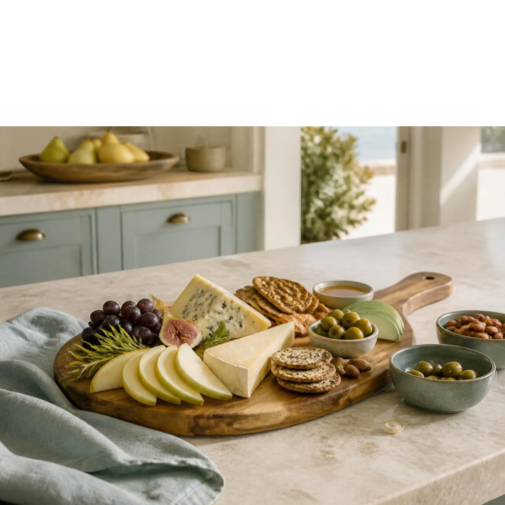 coastal kitchen island with wood charcuterie paddle and matte ceramic dip bowls