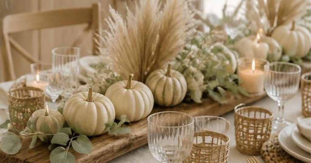 airy coastal style thanksgiving table setting with white mini gourds, pampas grass, eucalyptus