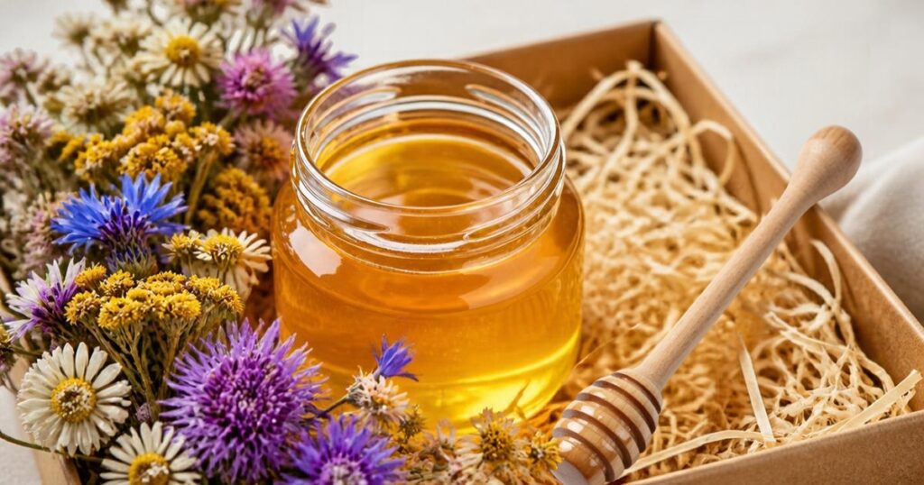 gift box with honey in a glass jar, a wood honey server, and wildflowers